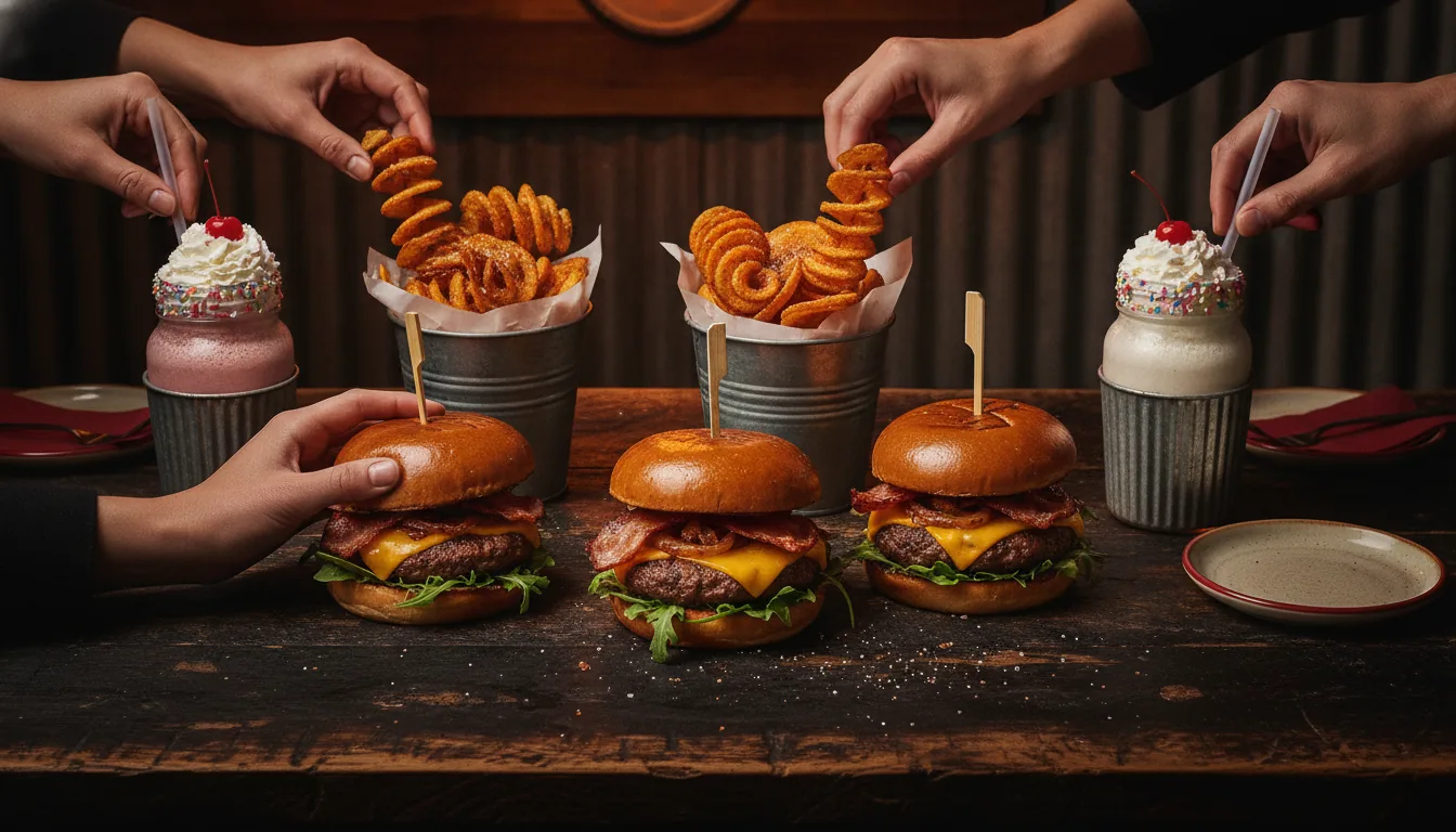Hands sharing craft burgers, twisters and milkshakes at a wood table
