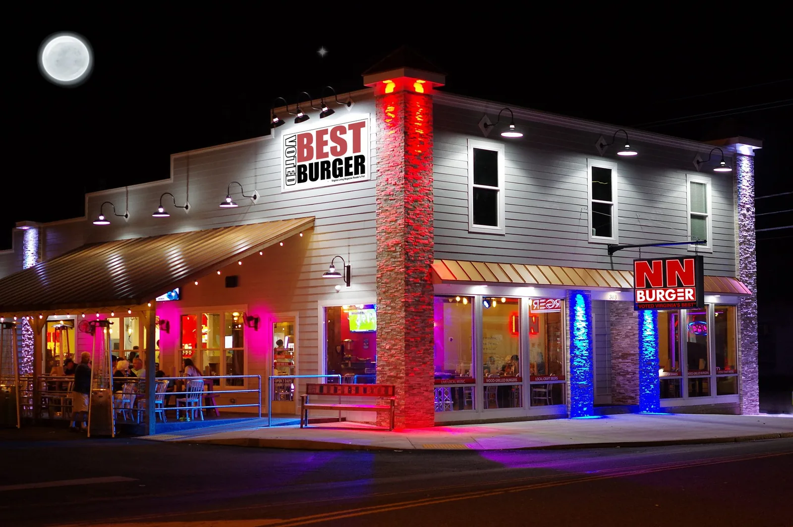 NN Burger restaurant exterior at night in Tappahannock, Virginia