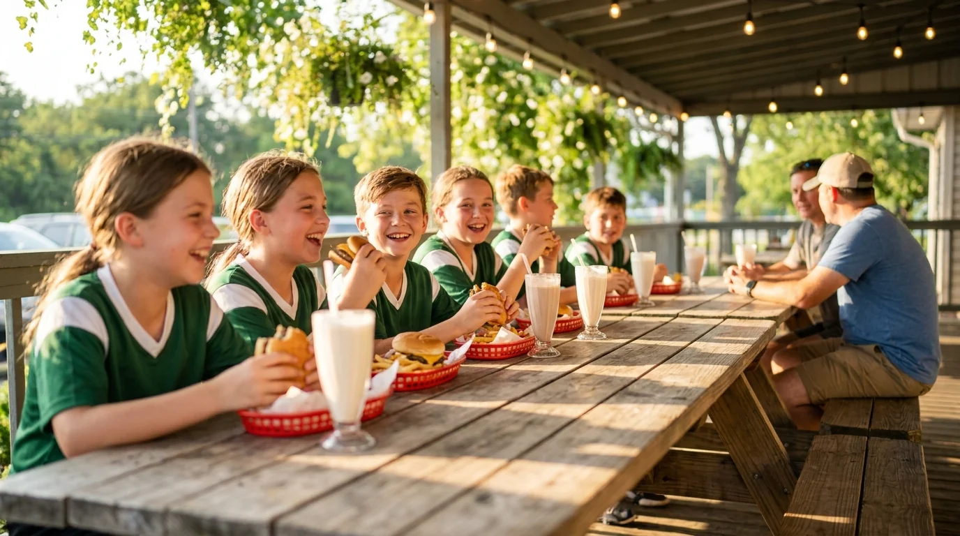 A youth sports team in green and white jerseys sharing burgers, fries and milkshakes at a picnic table on the covered patio